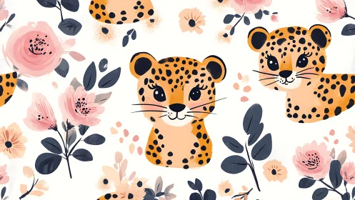 Spotted Dreamers: Whimsical Leopards Frolic Among Petal Swirls.