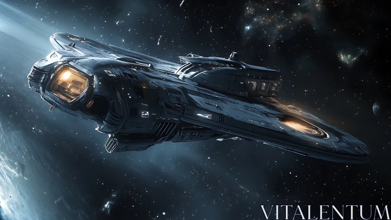 Large metallic starship in deep space with visible details.