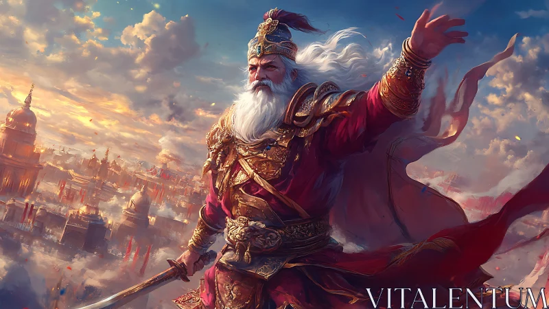 Majestic elder king in crimson armor above a golden city.