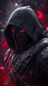 Hooded cyber warrior with red infernal energy aura.
