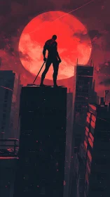 Bloodred moon sentinel over a brooding neon concrete maze.