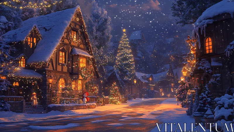 Snowy Christmas village glows warmly under a starlit sky