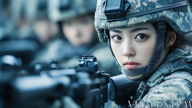 Focused female soldier in modern military gear, cinematic portrait.