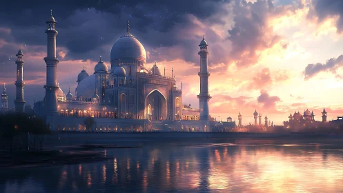 Sunlit marble palace glows over tranquil reflective river.