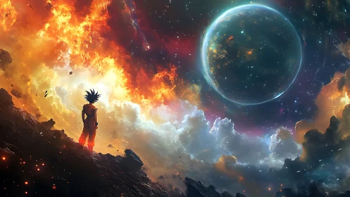 Solitary anime warrior studies a luminous exoplanetary sky