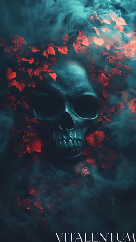 Skull emerging amid crimson leaves and teal mist.