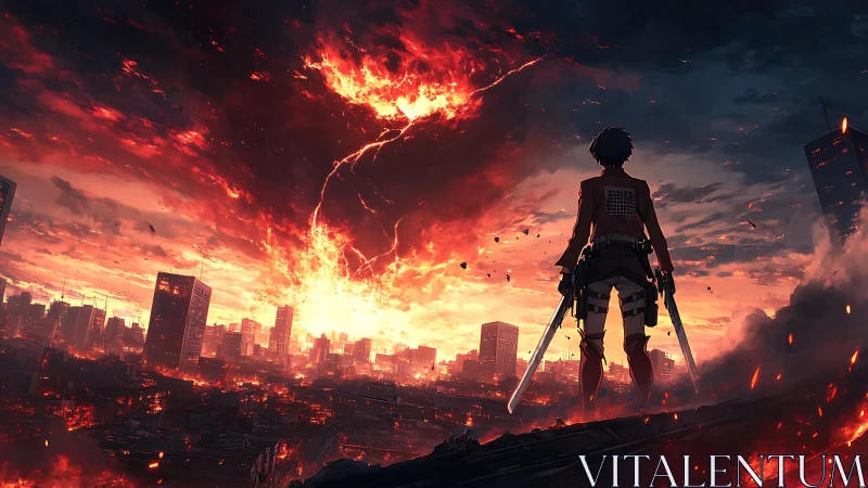 Lone bladebearer watching the sky crack open in firestorm.