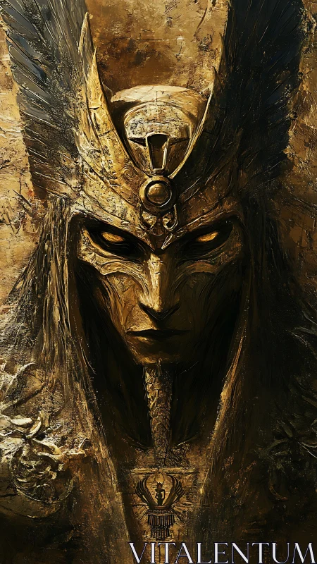 Ancient golden warlord with carved headdress stares forward.