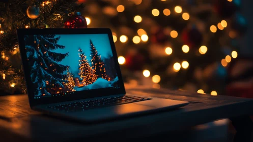 Laptop displays illuminated winter trees near defocused lights