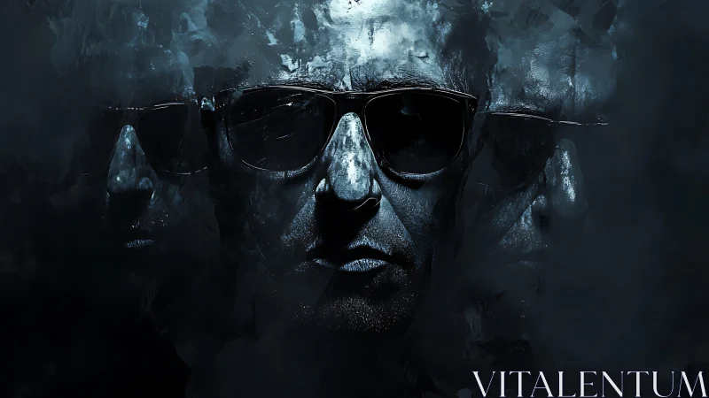 Triptych portrait with dark mirrored male faces.