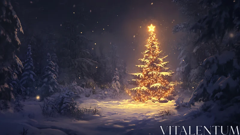 Lit Christmas tree glows in snowy forest clearing at night.