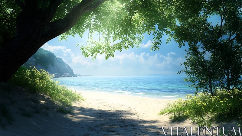 Sheltered Beach View Through Forest Canopy.