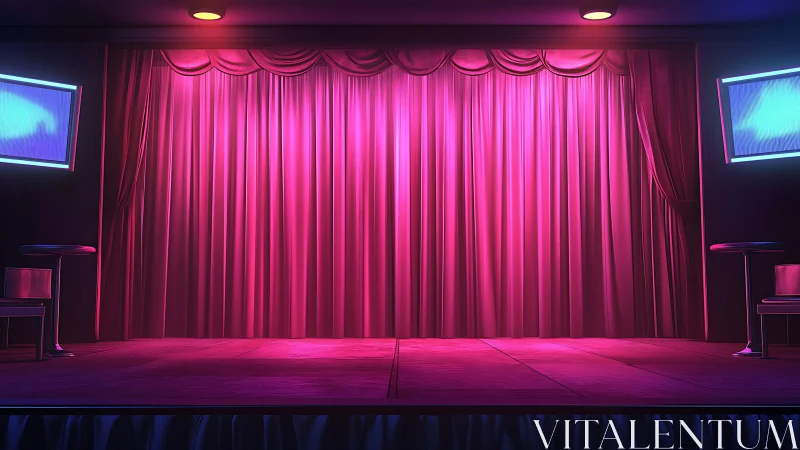 Empty stage with pink curtain and side seating in club.