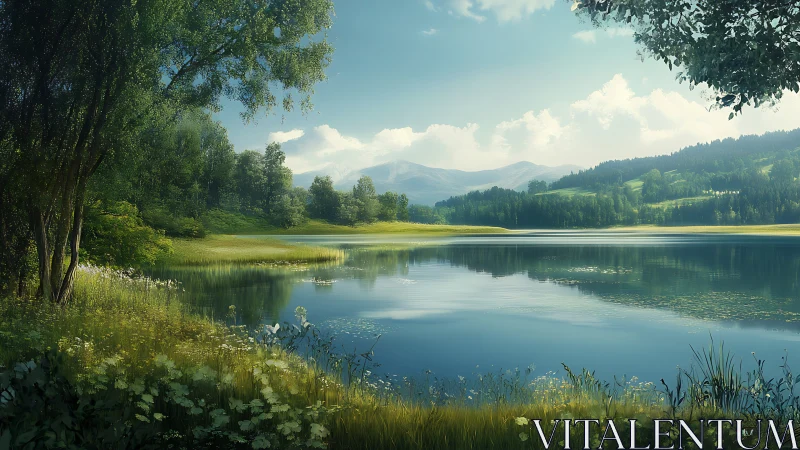 Calm mountain lake reflects bright summer sky and forests