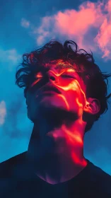 Portrait of youth under neon skylit clouds in vivid contrast