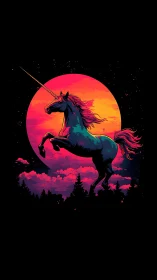 Neon moonfire crowns a rearing unicorn above cosmic pines
