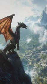 Mountain dragon overlooking ruined valley city at dawn.