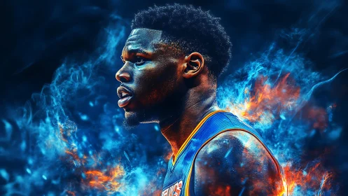 Fiery basketball portrait radiates energy and focused power.