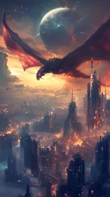 Colossal dragon dominates burning sci fi megacity under fractured planet