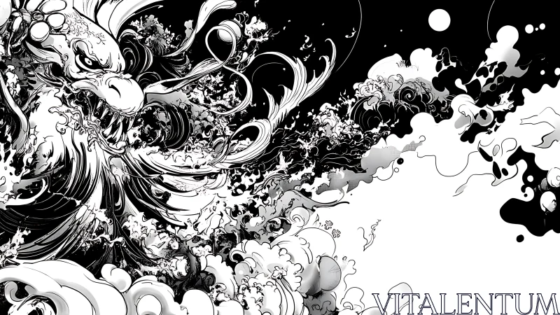 Dragon head emerges from dense black and white swirling waves