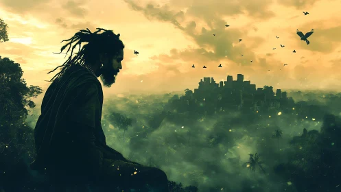 Solitary silhouette surveying mist city under golden sky.