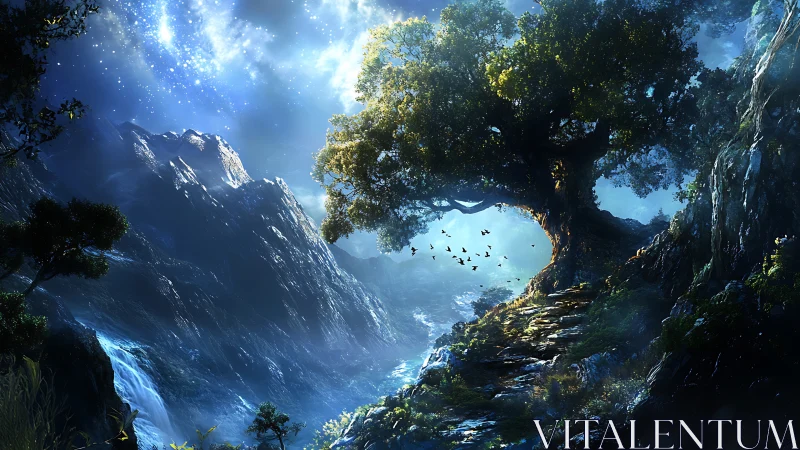 Star-soaked valley path beneath the lone dreaming tree.