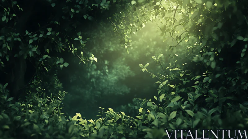 Forest Canopy Light. Sunlight Through Dense Green Leaves.