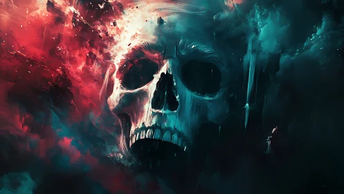 Cosmic skull emerges through burning nebula void. Period.