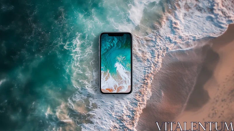 Smartphone overlay merges coastal shoreline with screen waves.