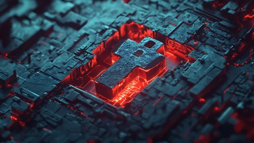 Futuristic metallic key slot on glowing red cyber circuit core