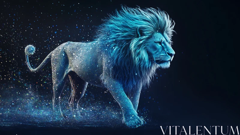 Starlit cobalt lion strides through glittering cosmic dust