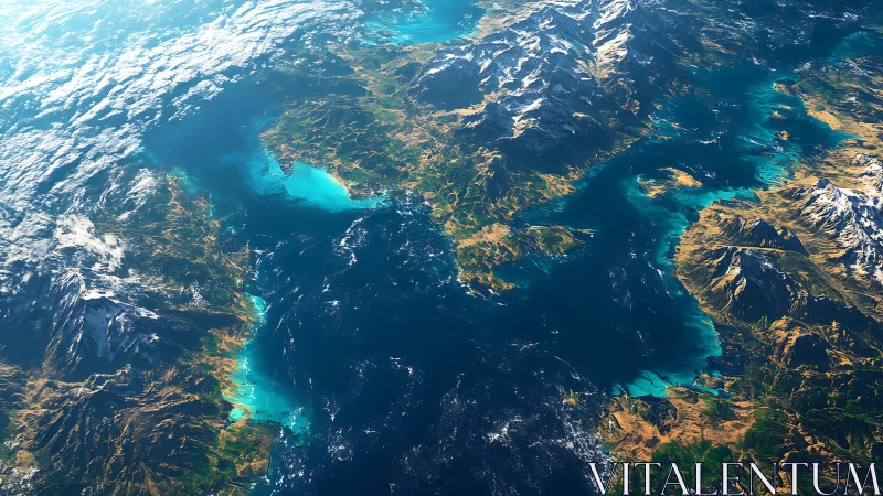 Satellite-style render shows coastal mountains and shallow seas