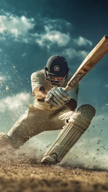 Dynamic low-angle cricket shot captures batter in sliding follow-through