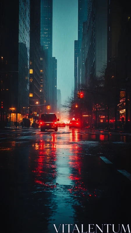 Neon rain corridor in nocturnal urban canyon, photorealistic.