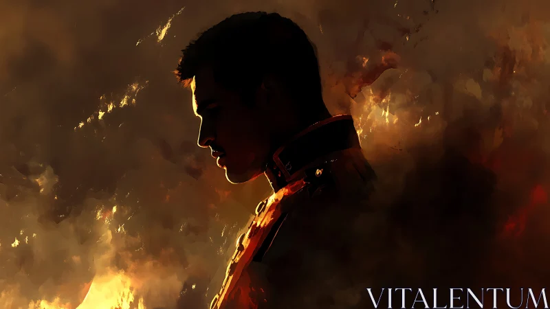 Silhouetted male figure stands amid diffuse fiery clouds