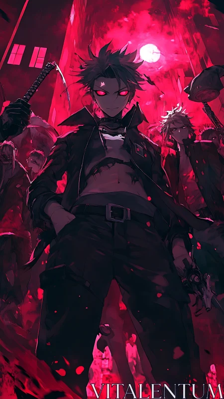 Red-lit anime antihero leads armed gang under glowing moon