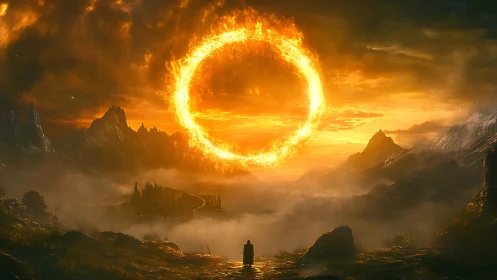 Fiery circular portal above distant castle in mountains.