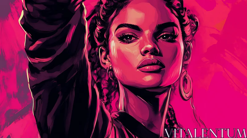 Digital portrait shows woman in high-contrast magenta lighting