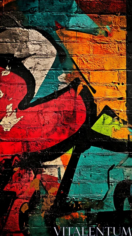 Urban brick wall graffiti with bold chromatic overlays.