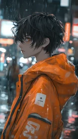 Young figure in orange jacket stands in rainy city street