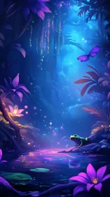 Glowing forest pond with frog, lilies and purple butterfly.