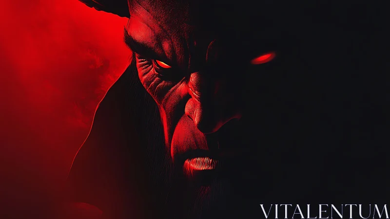 Demonic close-up portrait in red-black chiaroscuro lighting
