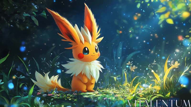 Fluffy fox creature in glowing forest clearing at dusk.