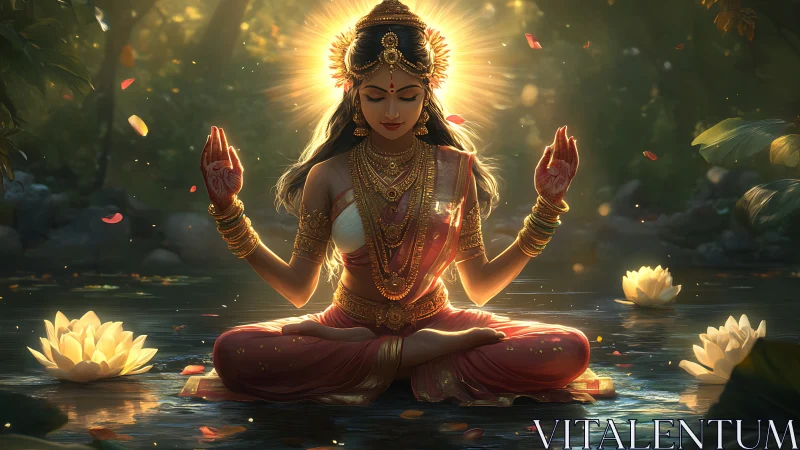 Radiant goddess meditating in lotus pond with cinematic backlight