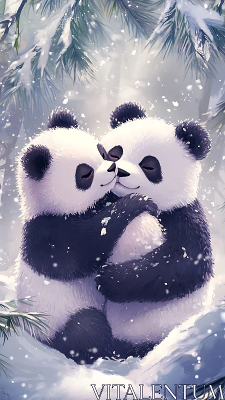 Two stylized pandas embrace closely in a snowy forest scene