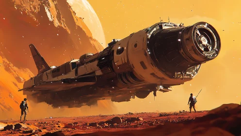 Massive starship hovers above dusty orange alien canyon.