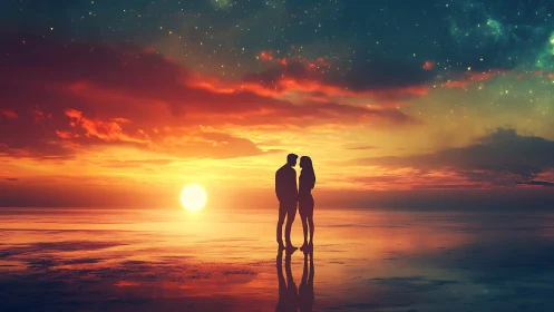 Couple Silhouetted Against a Burning Sunset Over Water