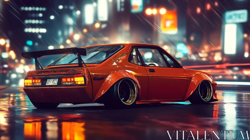 Modified orange coupe on wet neon city street at night.