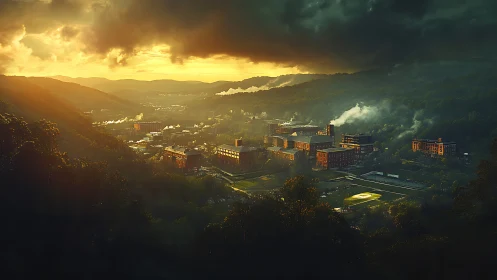 Industrial valley complex at sunset with atmospheric fog layers
