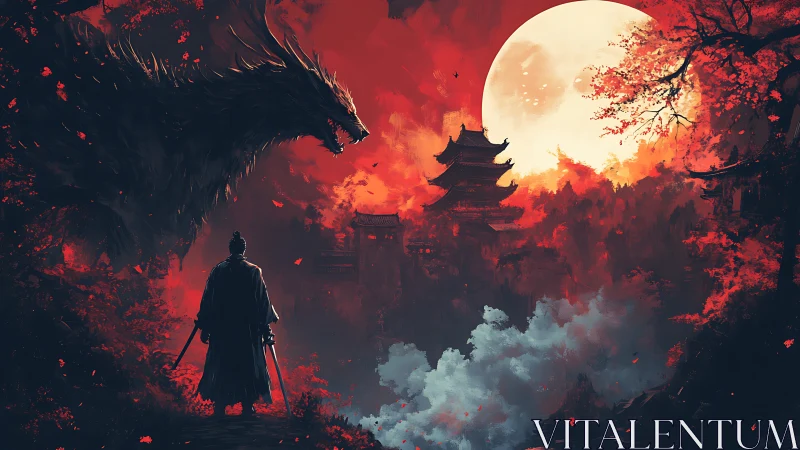 Lone samurai confronts spectral wolf under blood-red moon